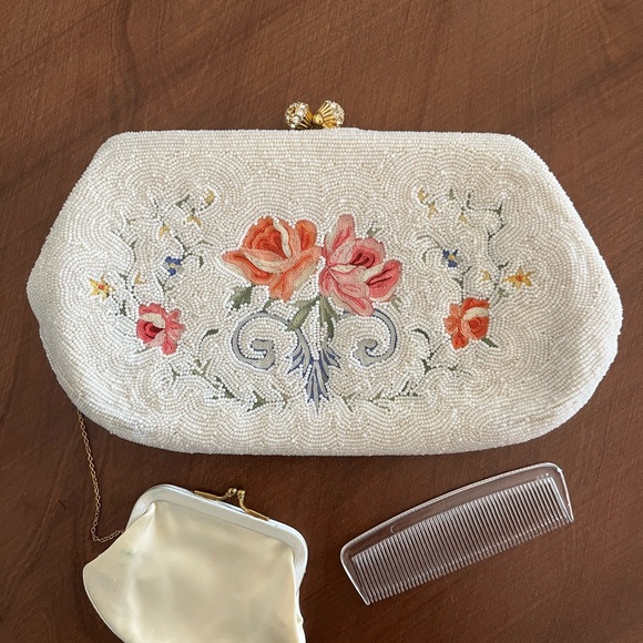 Magid Handbags - Magid White Beaded Clutch with Floral Accents Handmade in France